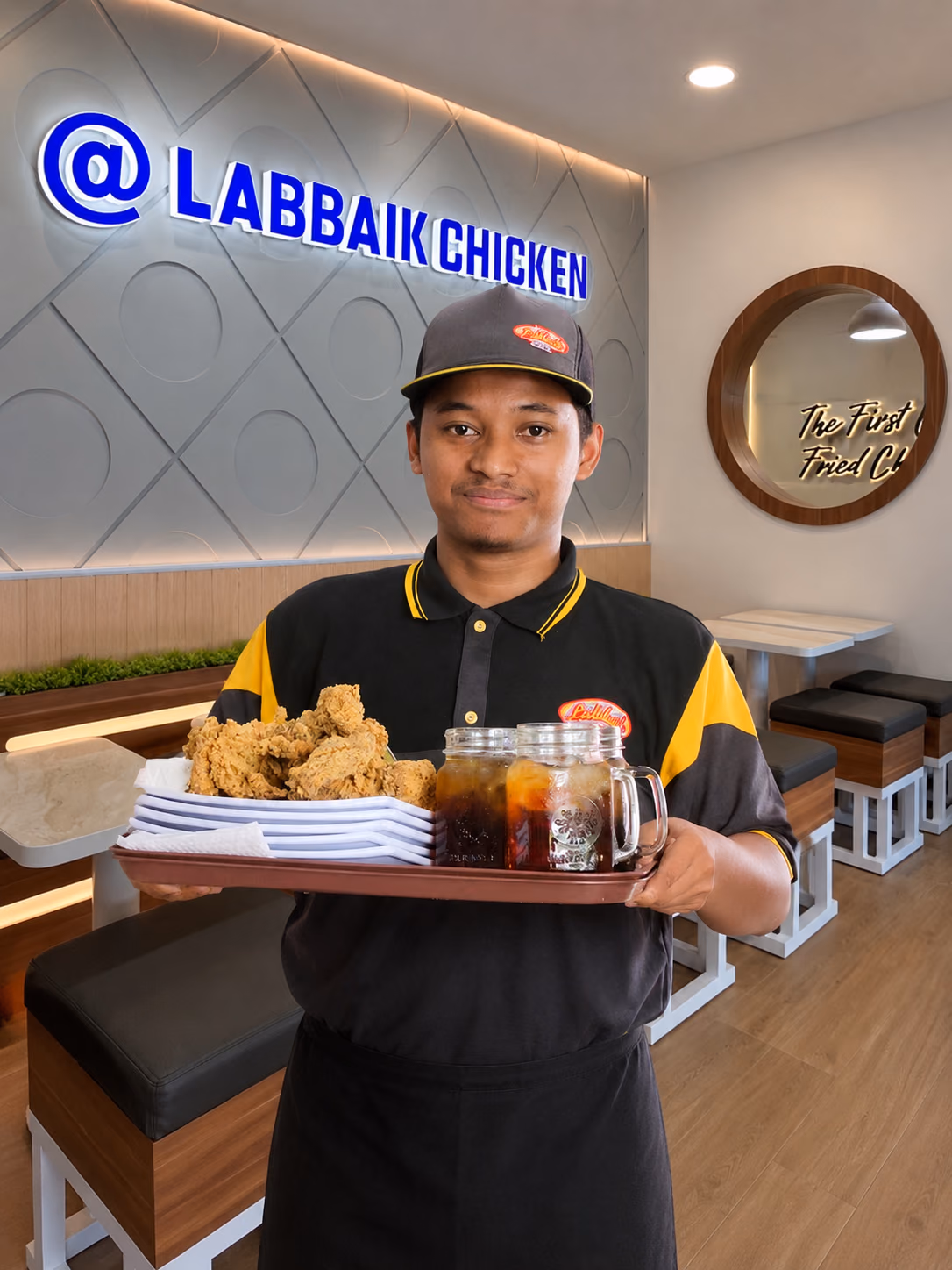 Crew Labbaik menyajikan ayam oven dan minuman